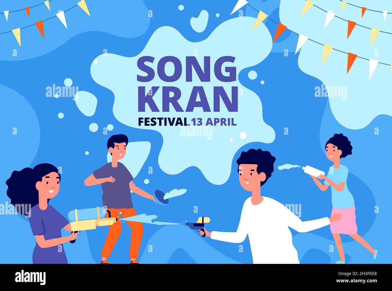 Songkran water festival. Happy children, kids playing splash gun and bowl. Cartoon new year fest poster, asian party utter vector Vector Image & Art - Alamy