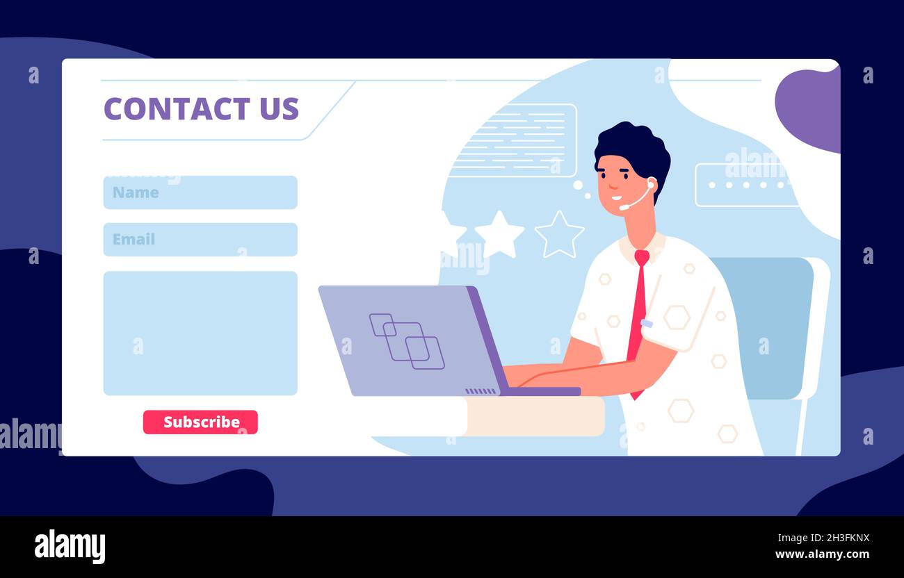 Contact us template. Corporate service page, business web banner. Support center client form, cartoon manager at computer utter vector design Stock Vector