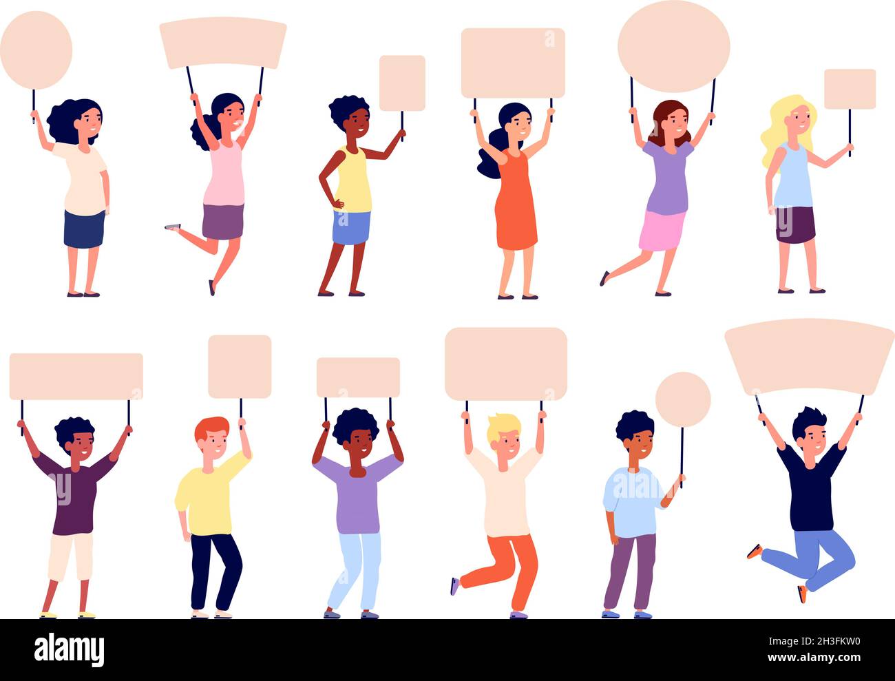 Kids holding banners. Children hold banner, hands with paper empty signs. Student and poster, school boy girl with placards utter vector characters Stock Vector