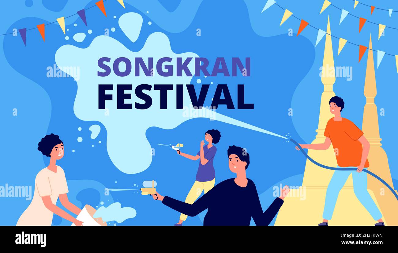 Songkran festival. Asia thailand fest, happy girl with water bowl. People celebration, thai person playing splashes utter vector travel background Stock Vector