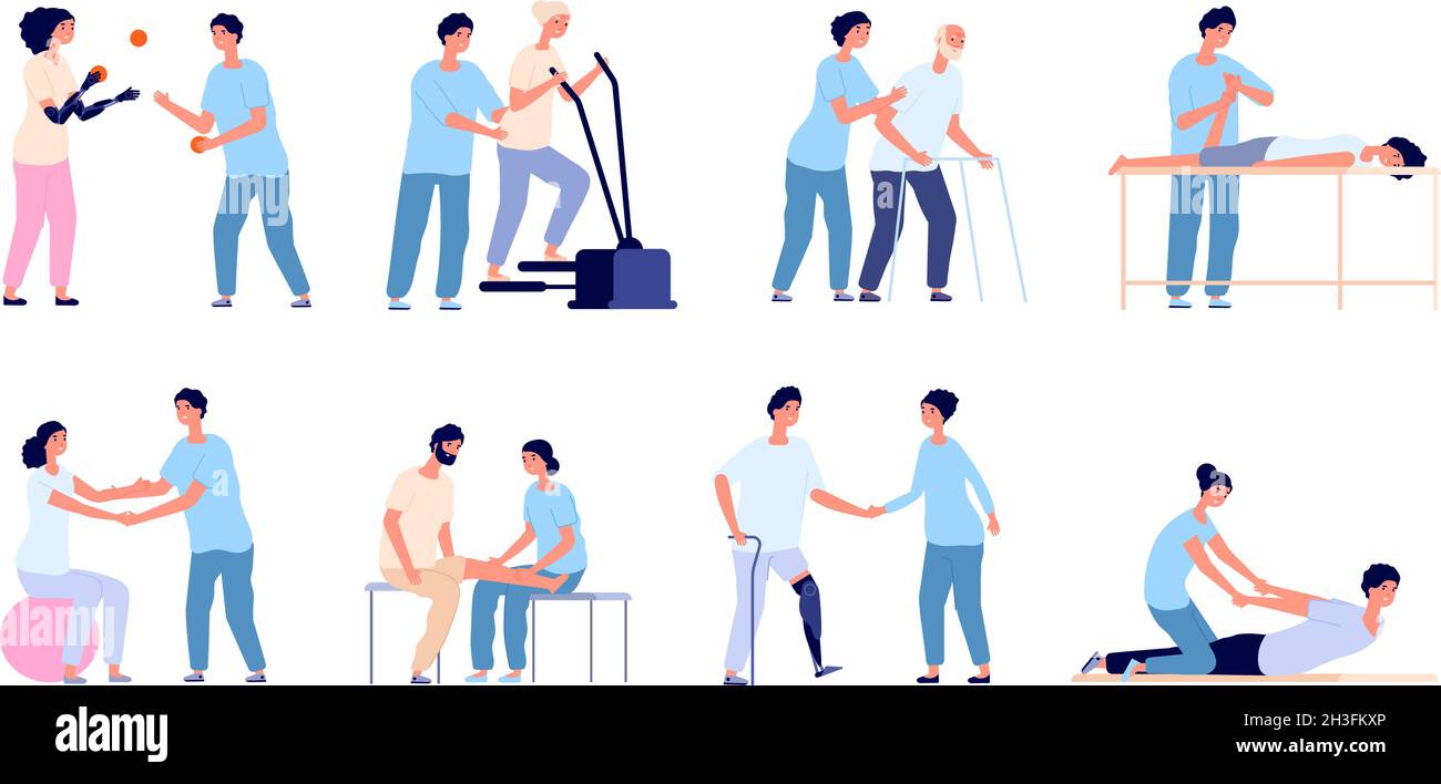 Physiotherapy. Medical treatment, injuries rehabilitation therapy. Healthcare physical training, medicine physiotherapist with patient utter vector Stock Vector