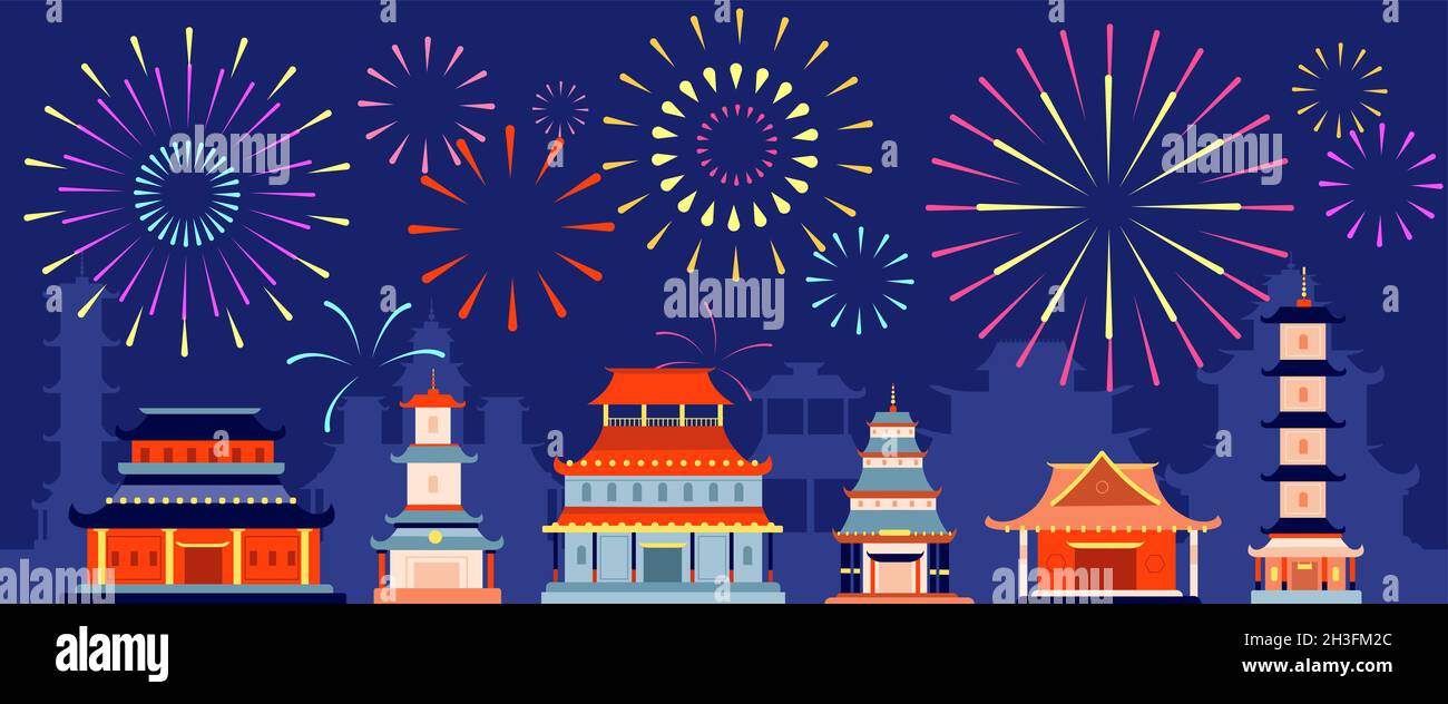 Japanese festival firework. Japan festive fireworks, asian summer party  event. Traditional chinese buildings, town landscape utter vector background  Stock Vector Image & Art - Alamy