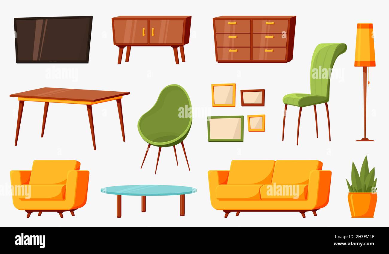 Cartoon furniture. Room furnitures, interior living lounge elements. Isolated home decor, modern sofa table chairs and lamp recent vector collection Stock Vector