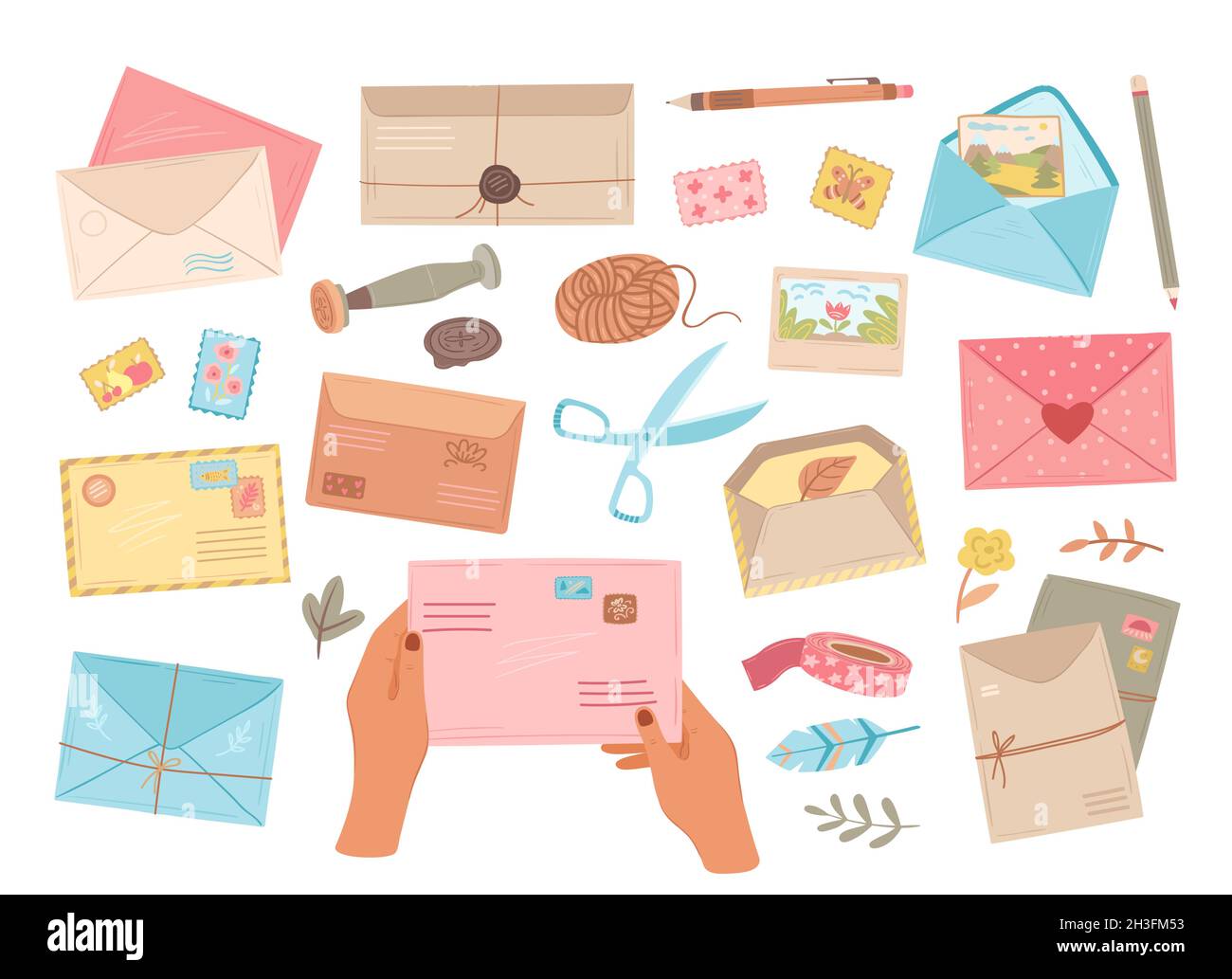 Different envelopes. Letter in envelope, postcard delivery and handmade craft card. Hands holding mail, pencil pen and post stamp exact vector set Stock Vector