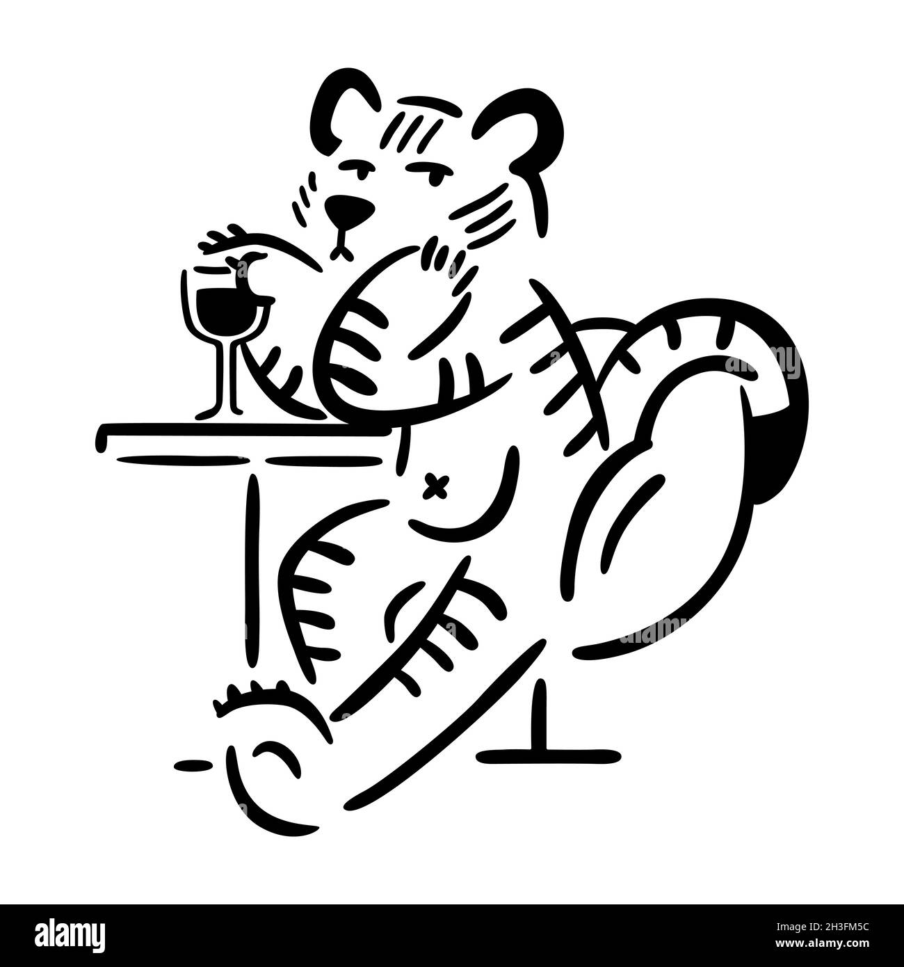 Tiger sitting in chair with glass of wine. Chinese zodiac animal. Symbol of the new year 2022, 2034. Vector illustration isolated on white background. Stock Vector