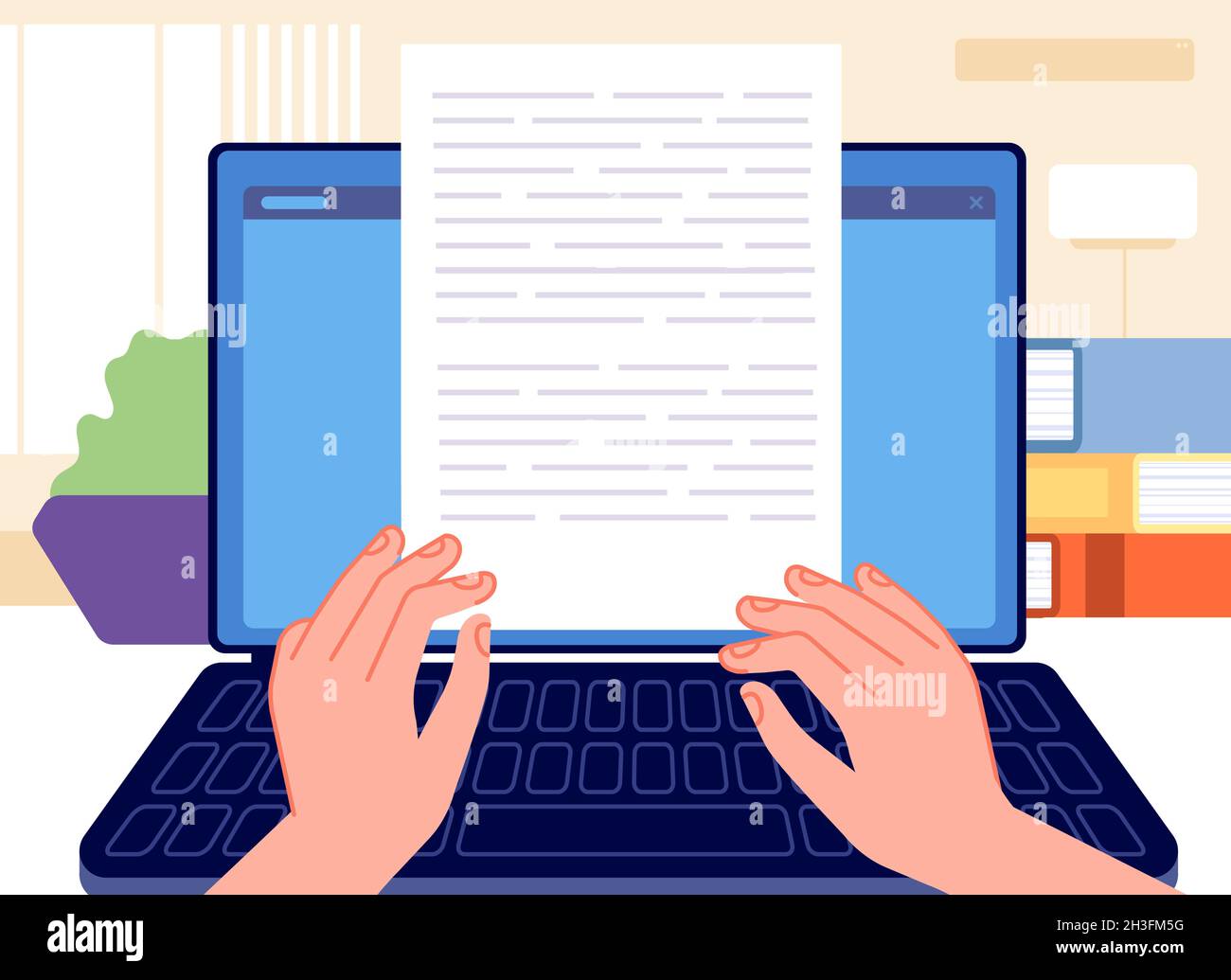 Writer writing. Typed content, journalist write essay on computer or laptop. Editor work, blogging copywriting and storytelling utter vector concept Stock Vector