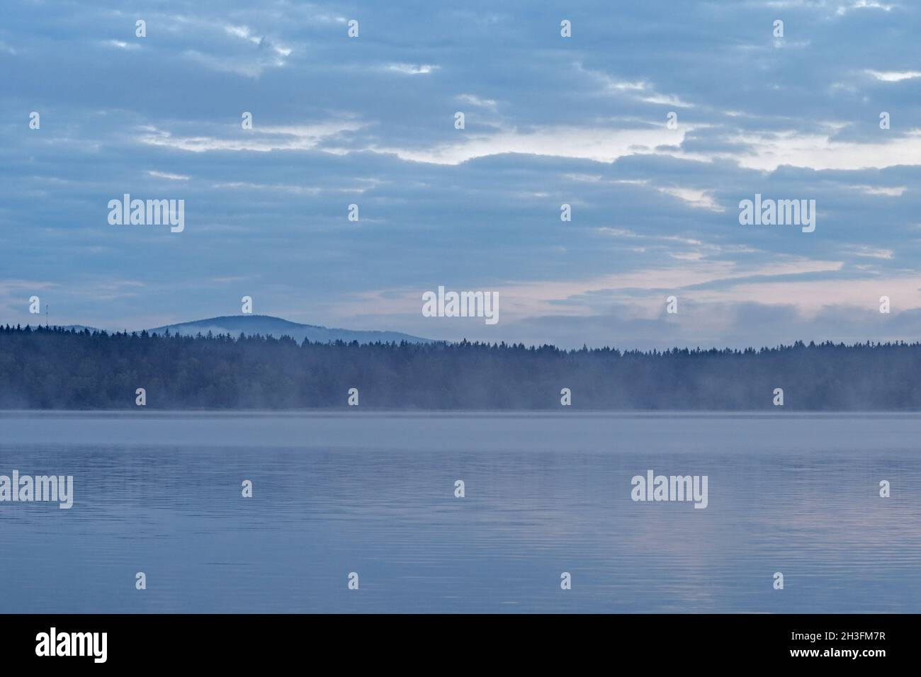 Foggy morning on the lake Lipno in the mountains Sumava, Czech Republic Stock Photo
