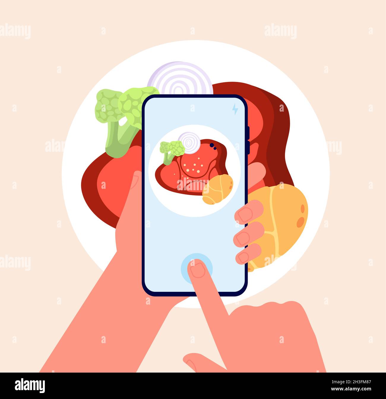Phone food photo. Taking mobile photos, hands hold smartphone and doing dish picture. Cartoon photography, culinary blogging utter vector concept Stock Vector