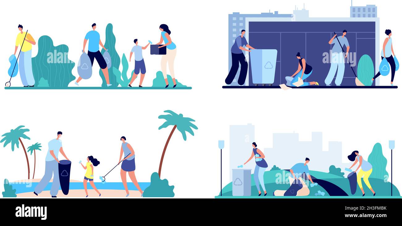 People and garbage. Street garbage, volunteering family cleaning trash. Volunteer throw rubbish from forest town or waterfront vector scenes Stock Vector