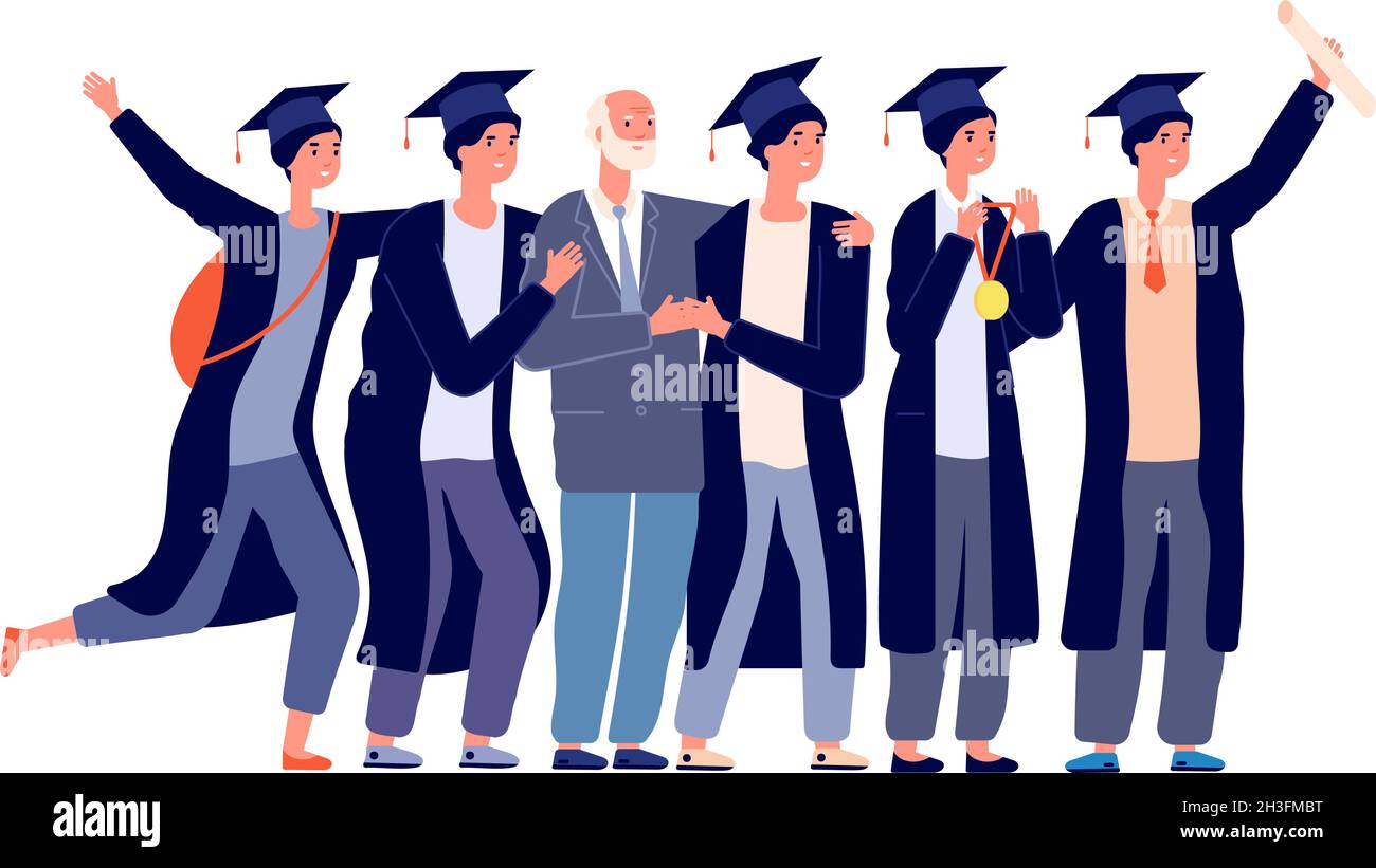 Graduated students. Graduates with teacher, cartoon college end characters. Isolated academic person, university diploma utter vector concept Stock Vector