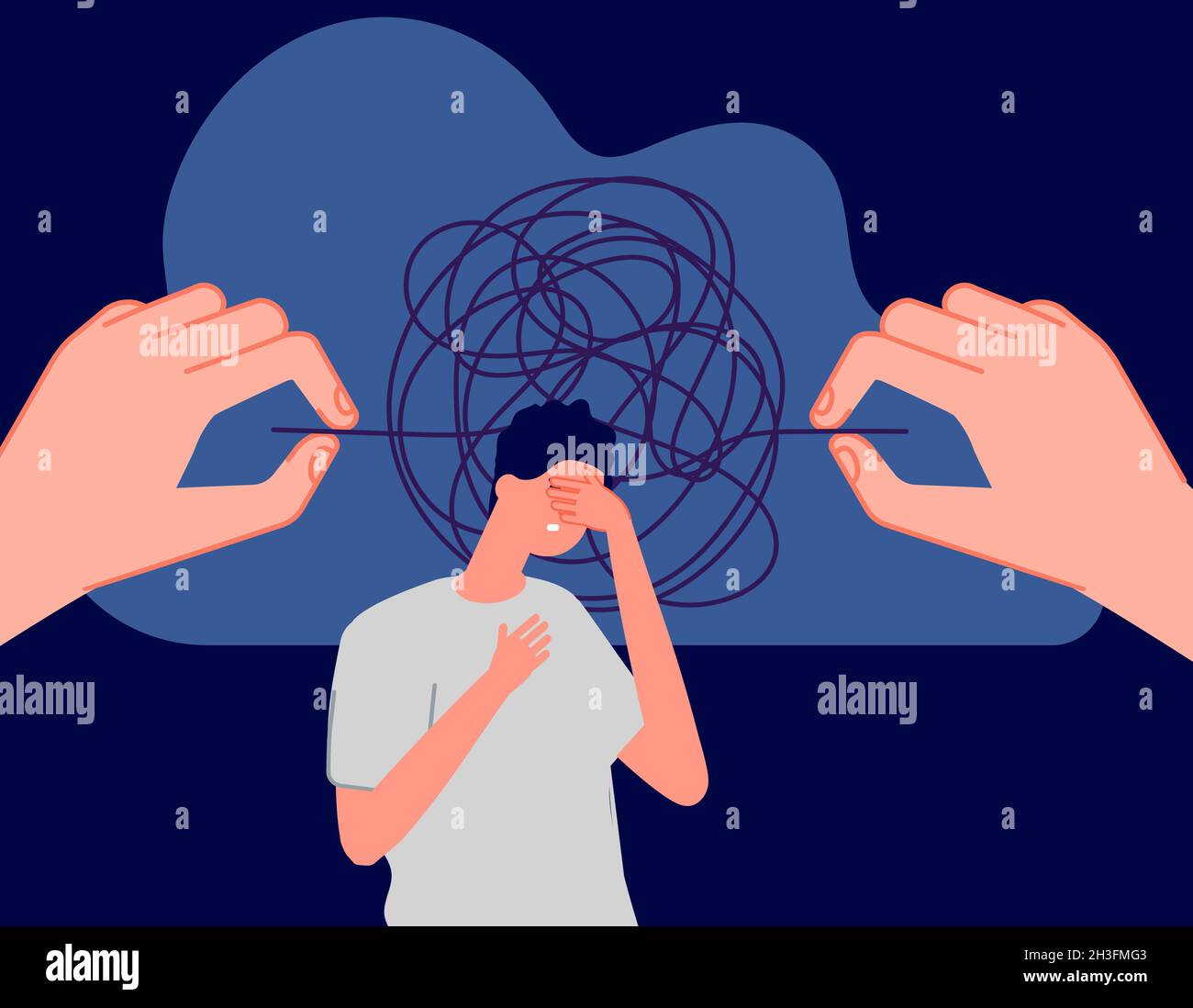 Psychotherapy. Mental disorder, sad man with confused thoughts. Hands unravel the tangled tangle, psycho treatment vector metaphor Stock Vector