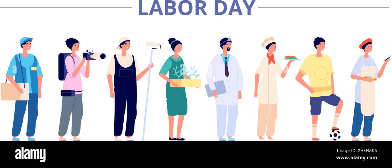 Labor day. International industrial workers group, people professional careers. Different girls boys on job banner, may holiday vector flyer Stock Vector