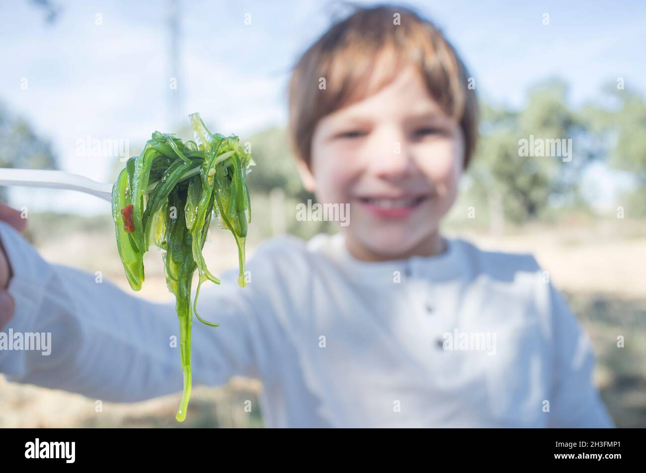 Child boy with wakame salad on fork. Outdoors background Stock Photo