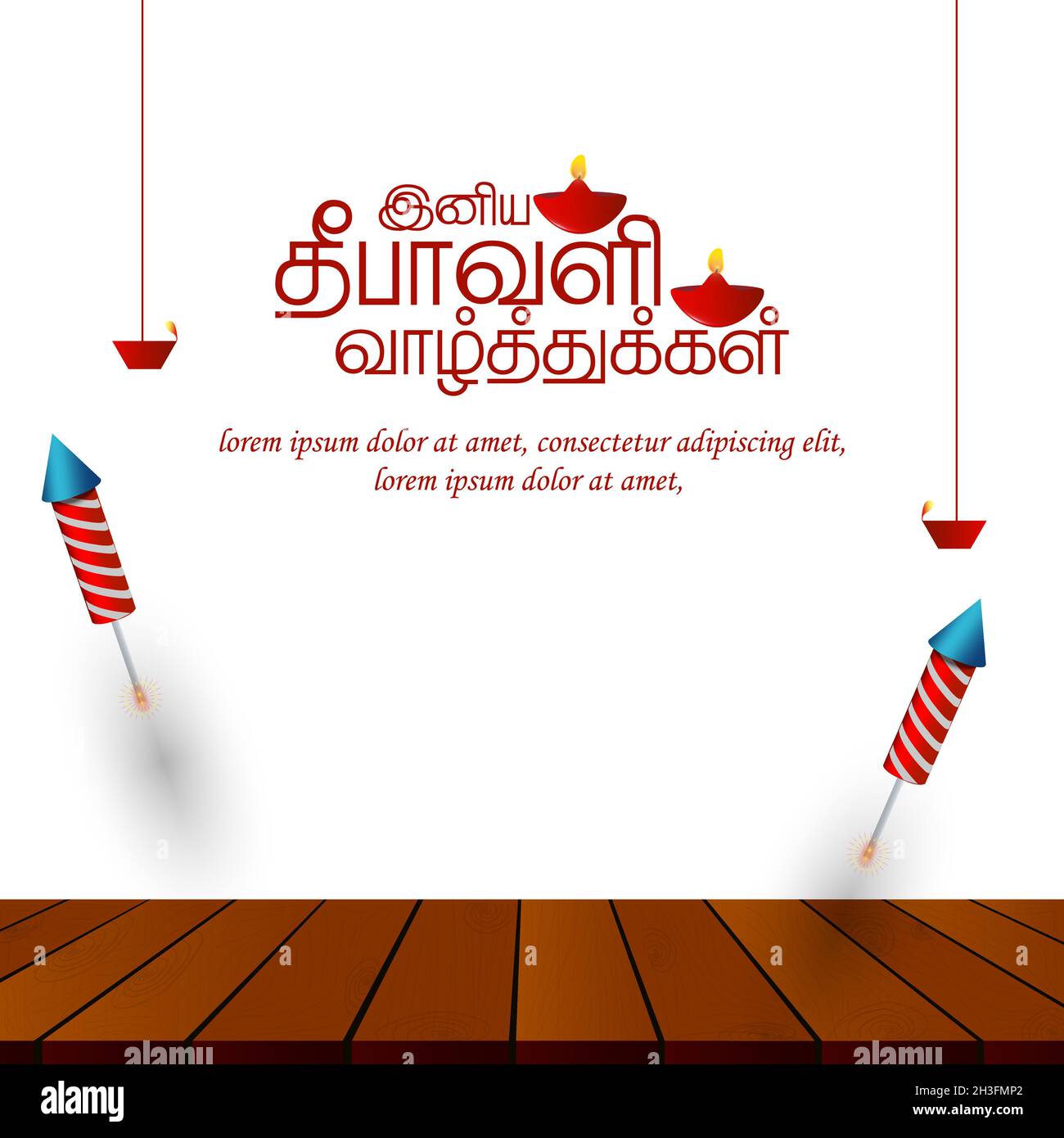 Vector illustration of burning diya and firecracker on Happy