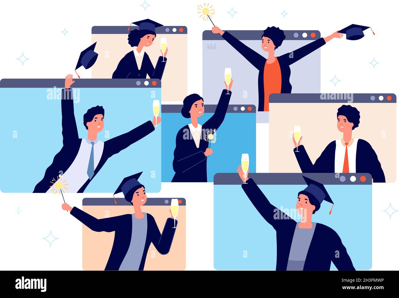 Online graduation. Graduates virtual party, young men celebrate video call. Happy people together, digital event. New normal utter vector concept Stock Vector