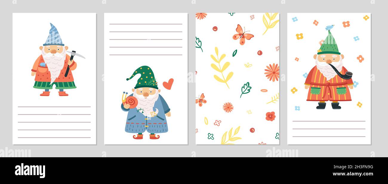Gardening dwarfs. Gnomes cards, spring summer floral background. Cute men with beard and garden tools vector set Stock Vector