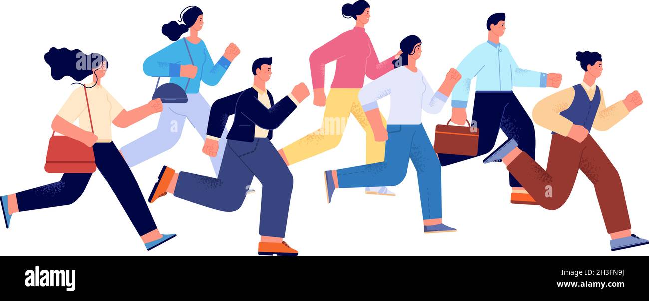 Business run competition. Office worker running, man woman rivalry. Successful professionals, happy employees is rivals to work utter vector concept Stock Vector