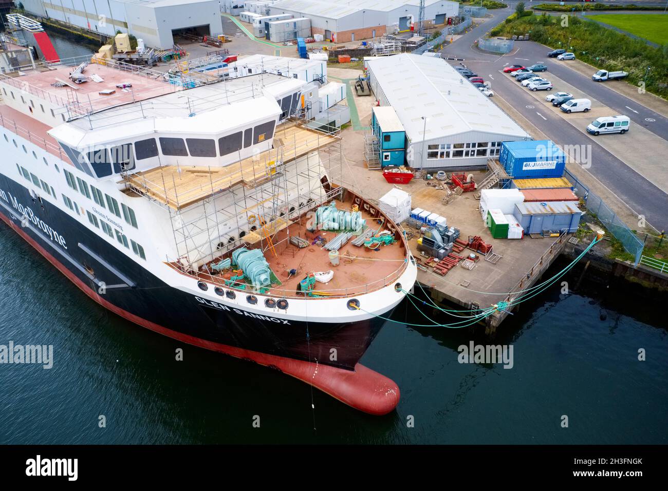 Port Glasgow, Scotland, UK, September 5th 2021, Ferguson Marine shipyard and the progress of new Calmac ferry named Glen Sannox Stock Photo