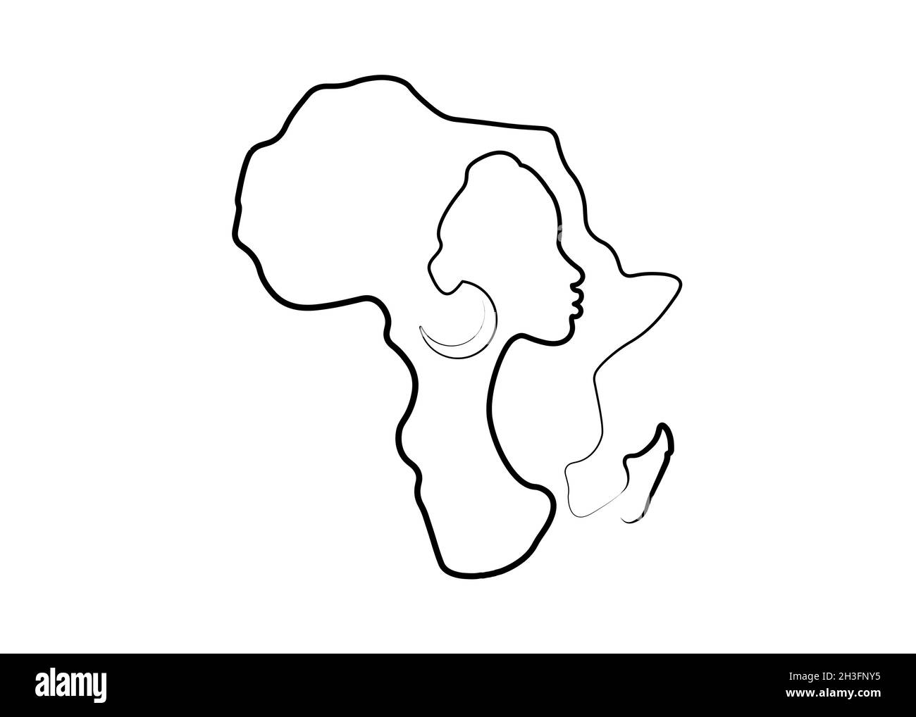 Black African Woman in line art style, continuous line drawing of Afro woman and African continent map. Vector linework tattoo icon logo isolated Stock Vector