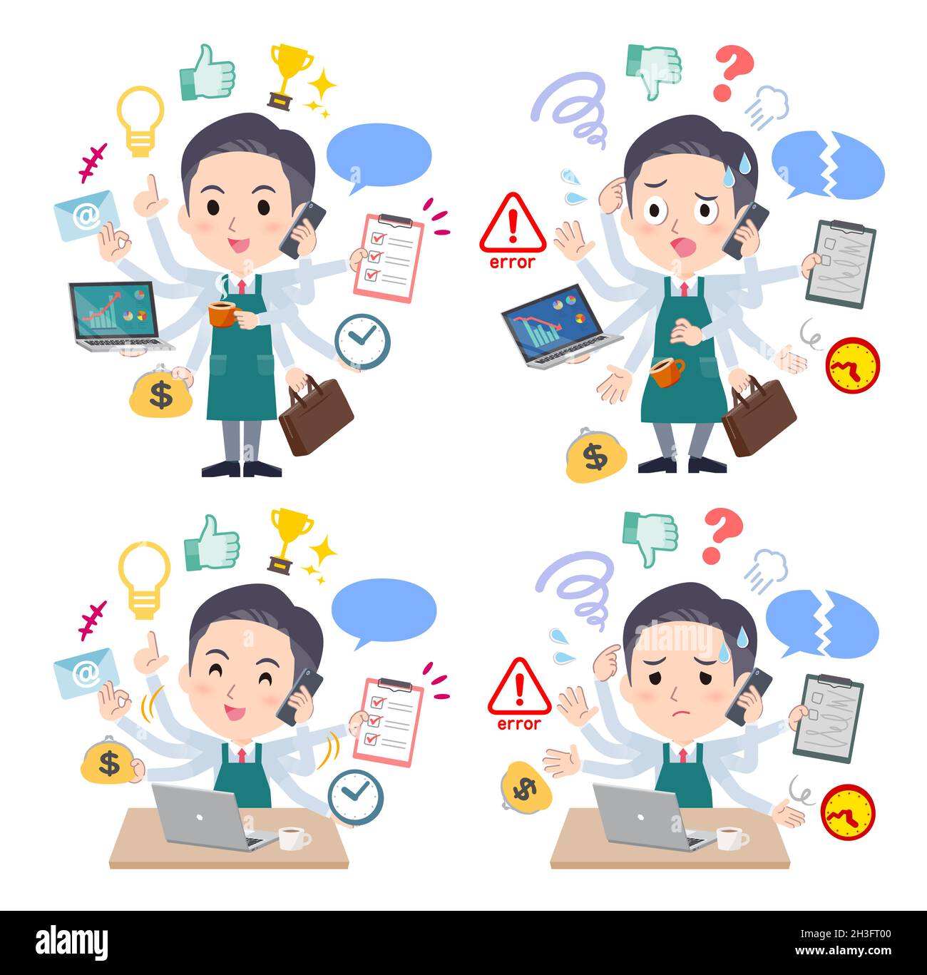 A set of Supermarket staff man who perform multitasking in the office.It's vector art so easy to edit. Stock Vector