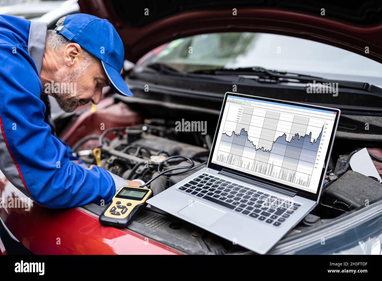 Car Diagnostic Service And Electronics Repair By Mechanic Worker Stock