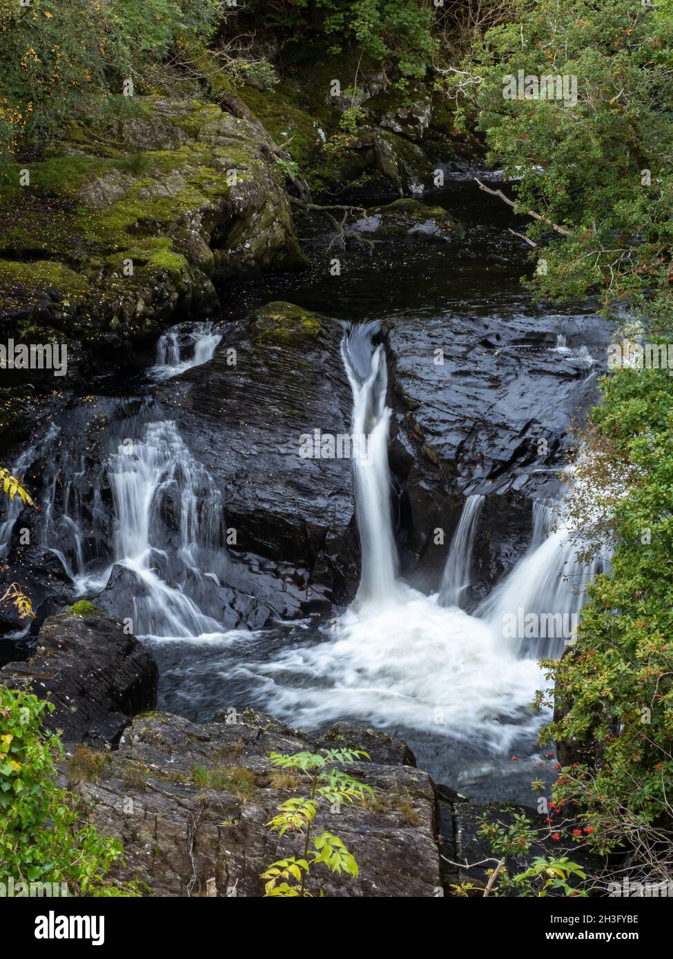 Cyfyng Falls on the Afon Llugwy between Capel Curig and Betws-y-Coed in Wales. Stock Photo