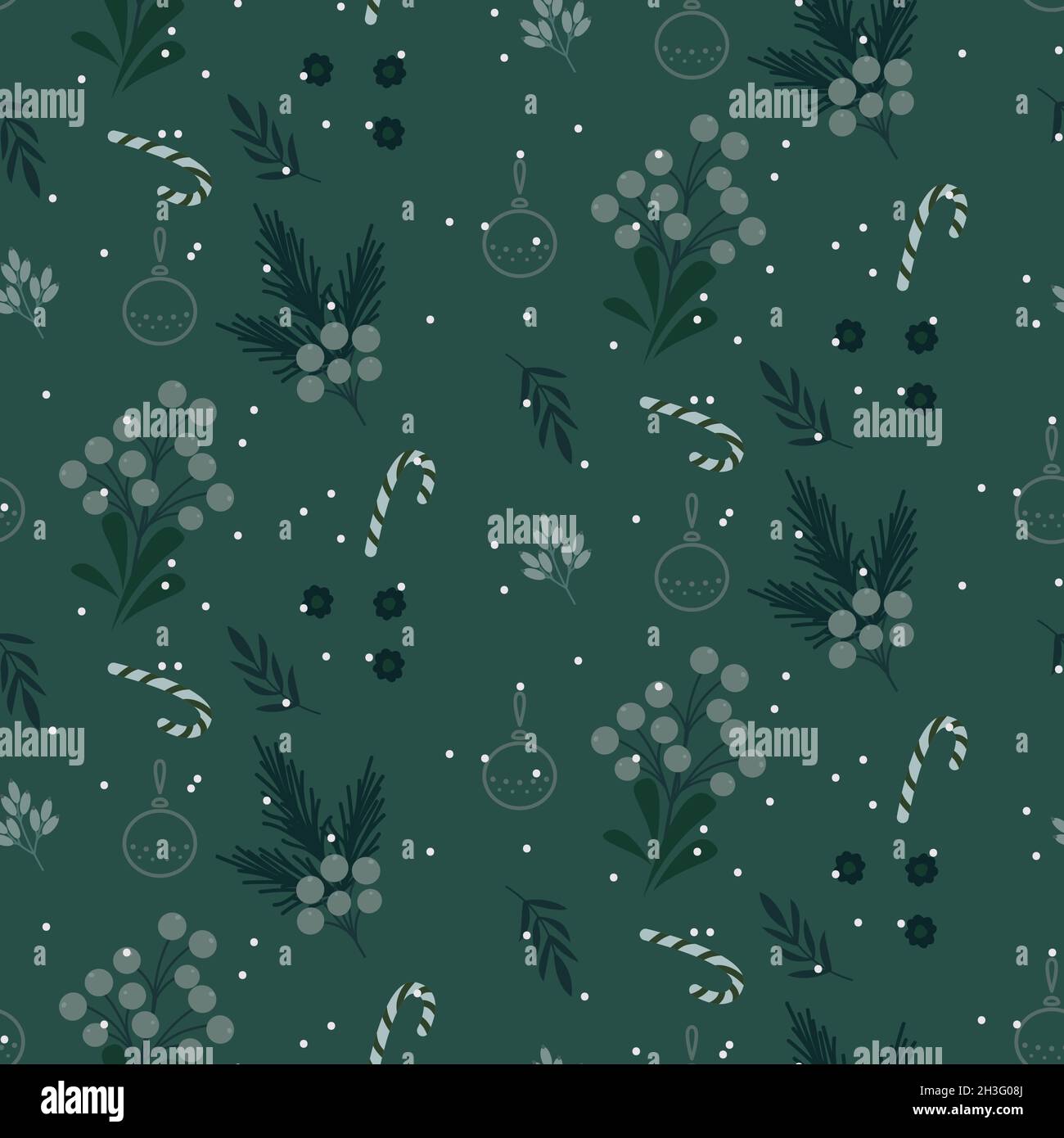 Christmas festive seamless pattern with green leaves, candy sticks ...