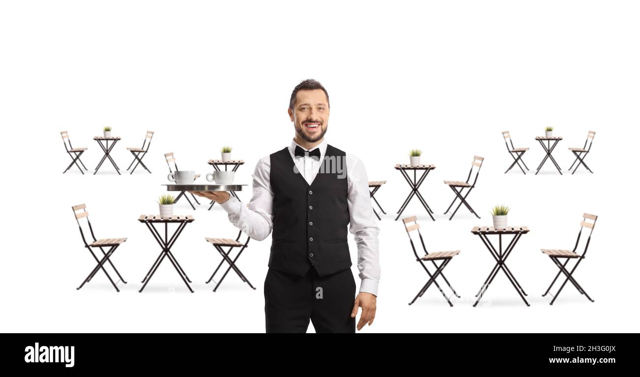 Waiter with coffee cups on a tray in a cafe with empty tables isolated on white background Stock Photo