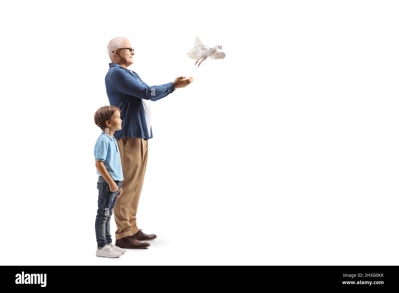 Full length profile shot of a man and a boy letting a white dove fly isolated on white background Stock Photo