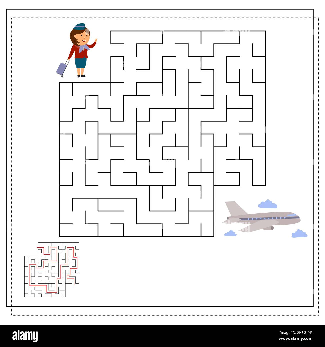 A logic game for children, go through a maze, a flight attendant and an airplane. vector isolated on a white background Stock Vector