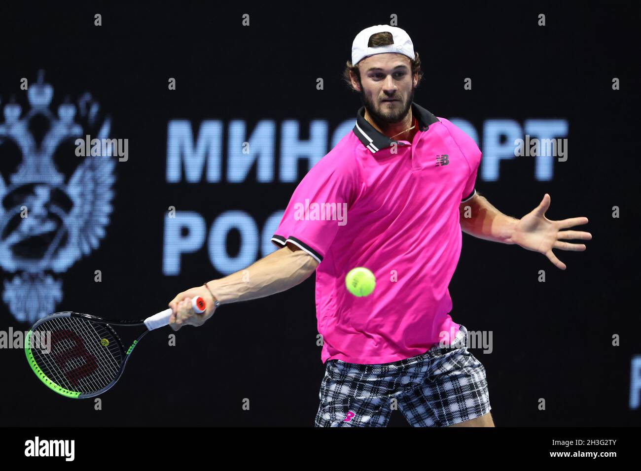 Tommy Paul of USA seen in action during a match against Taylor Fritz of USA  at the St. Petersburg Open, 2021 tennis tournament at Sibur Arena.(Final  score: Taylor Fritz 2:0 Tommy Paul) (