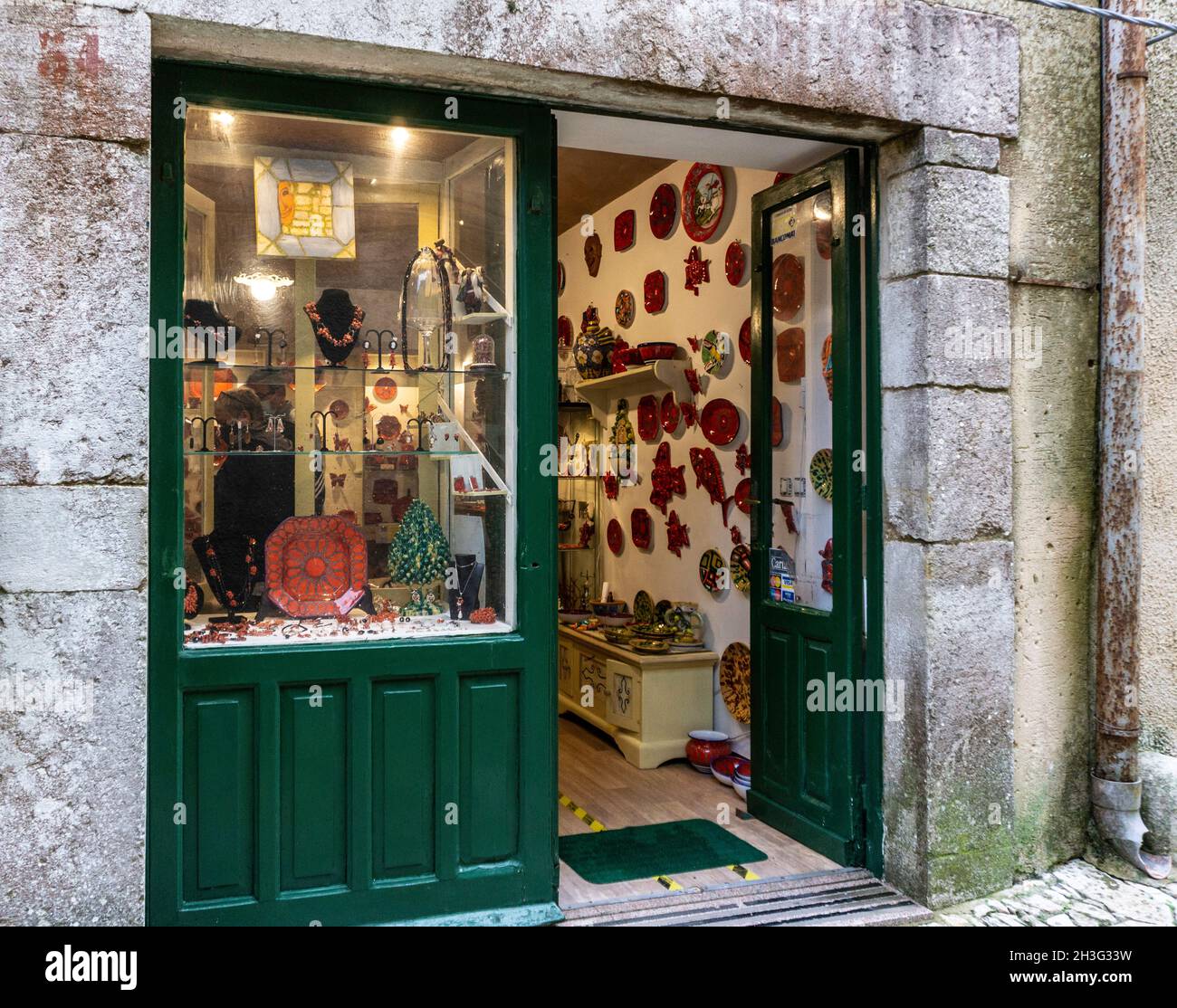 One of the many craft shops that inhabit the narrow streets of Erice in Sicily, Italy. Stock Photo
