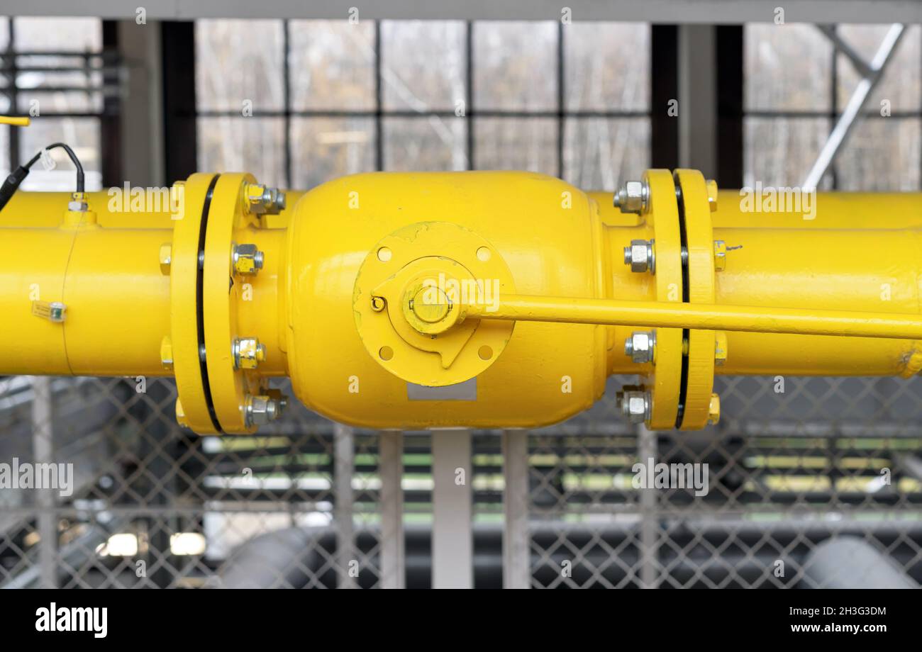 Gas shutoff valve at gas processing station. Valve on the gas boiler