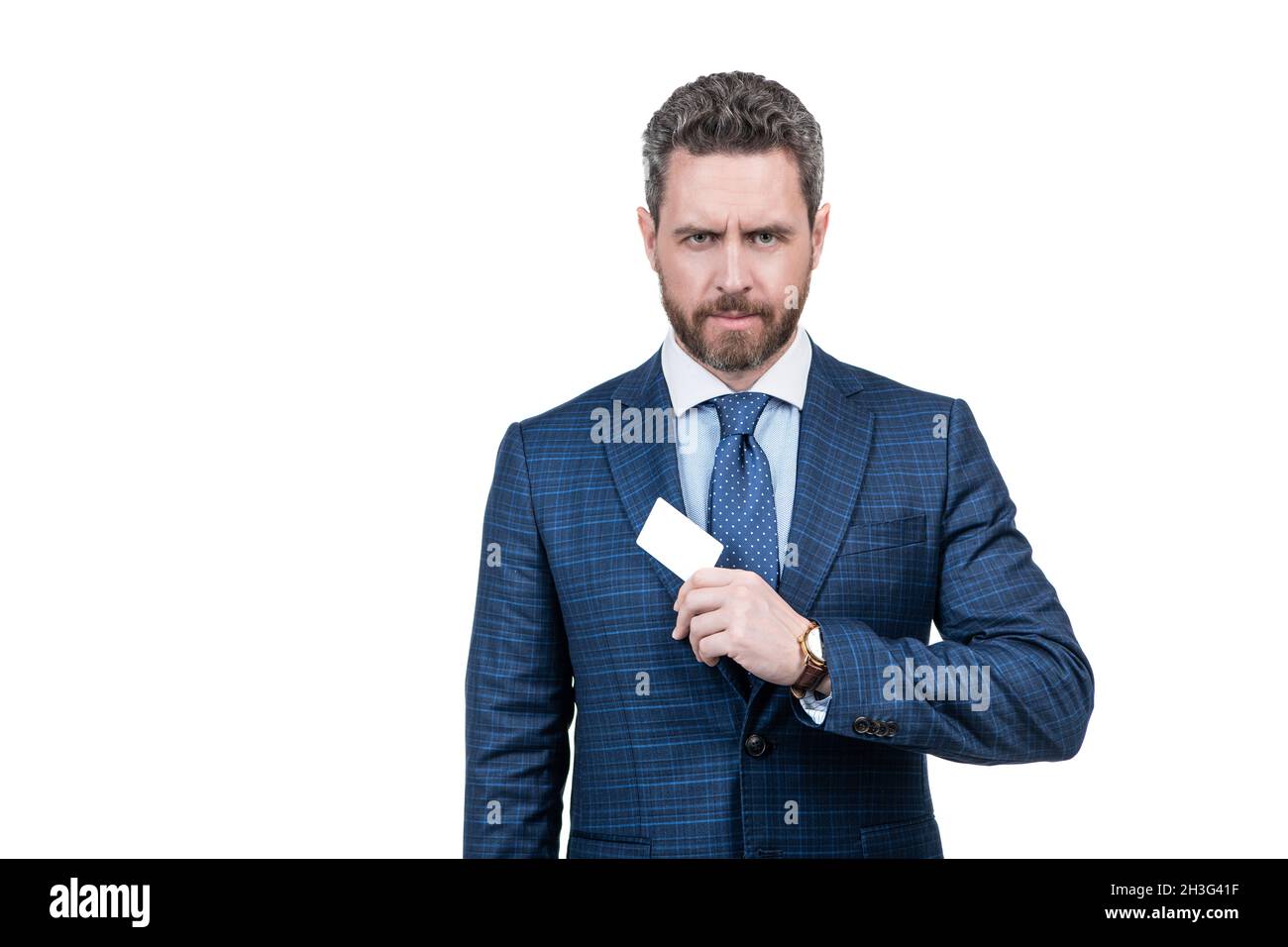 Discount credit to finance growth. Principal banker hold discount card isolated on white Stock Photo