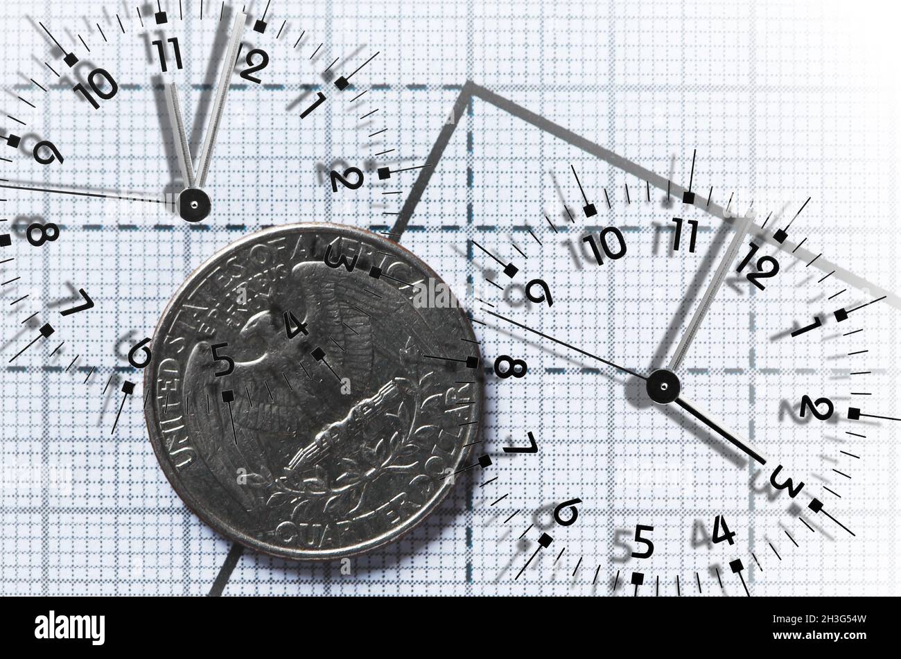 Time is money concept. USA coin on paper with chart and clock faces ...