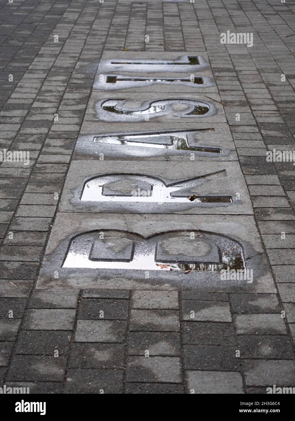 Brasil, Country Name Written in Large Letters on a Wet Cement Floor in a Public Park Stock Photo