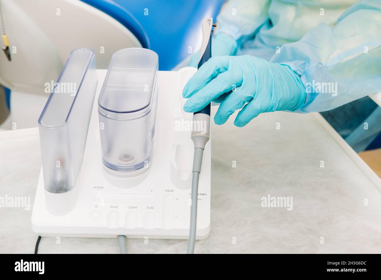 Ultrasonic scaler in the dental office. Dentistry Concept Stock Photo