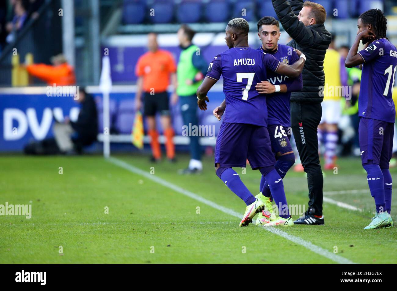 BRUSSEL, BELGIUM - OCTOBER 24: Francis Amuzu of RSC Anderlecht and Anouar  Ait El Hadj of RSC Anderlecht during the jupiler pro league match between  RSC Anderlecht and Beerschot V.A at Lotto