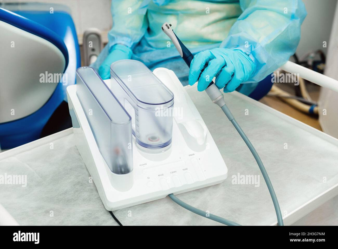 Ultrasonic scaler in the dental office. Dentistry Concept Stock Photo