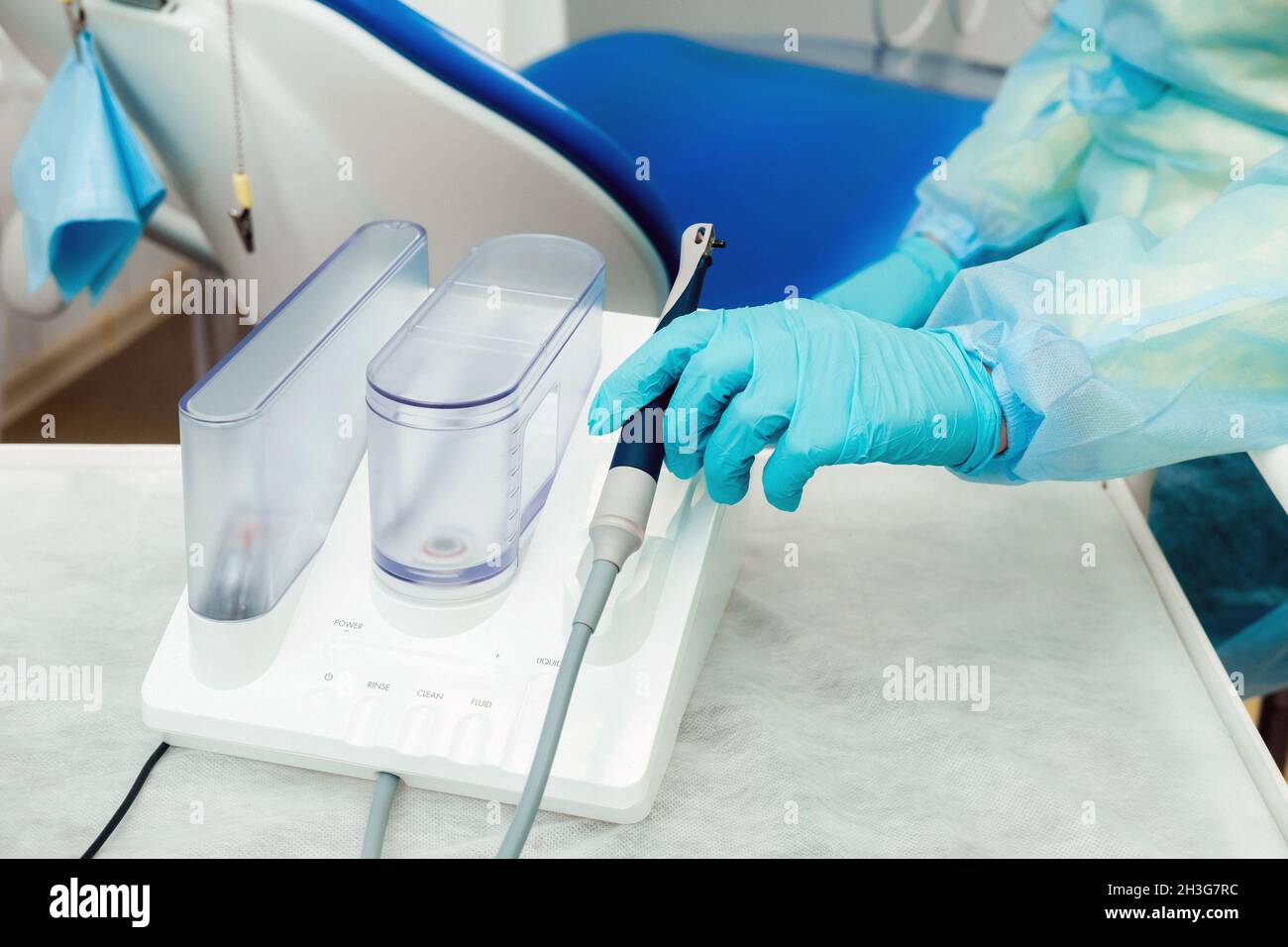 Ultrasonic scaler in the dental office. Dentistry Concept Stock Photo