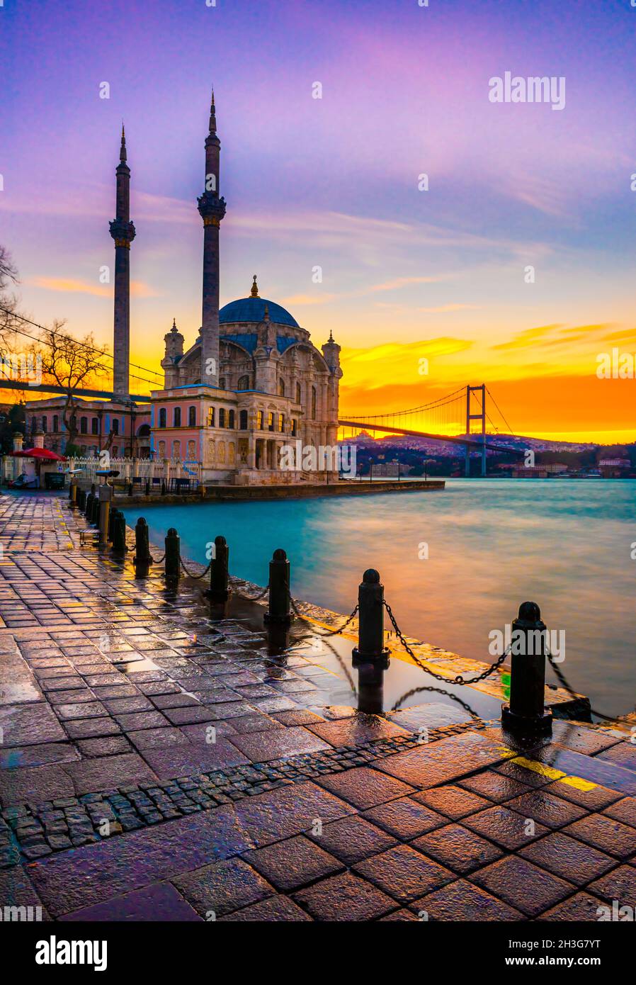 ISTANBUL, TURKEY. Beautiful Istanbul sunrise landscape with colored clouds. Istanbul Bosphorus Bridge (15 July Martyrs Bridge. Turkish: 15 Temmuz Sehi Stock Photo
