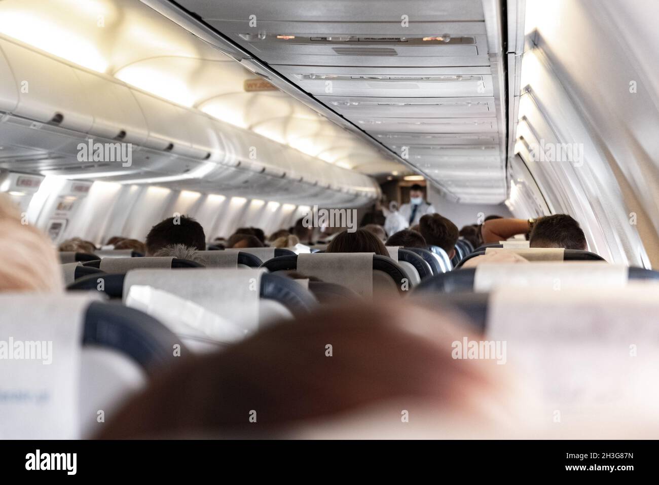 Passengers on the plane. Rear view of the plane. Passenger plane
