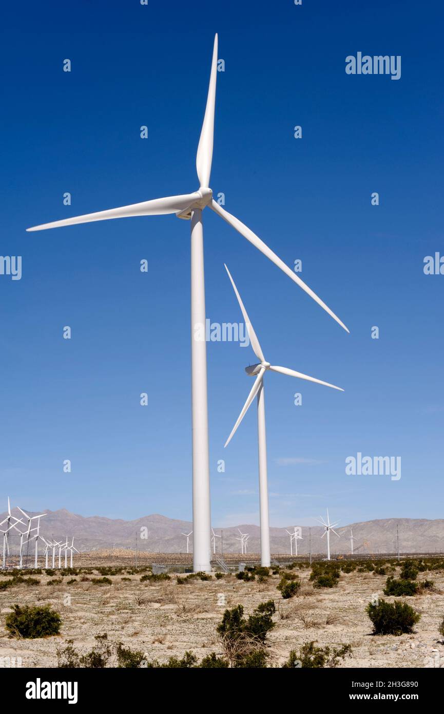 Wind turbines generating electrical power in Riverside County