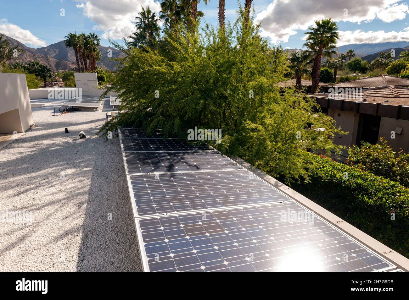 Electricity generating rooftop solar panels in Indian Wells, California Stock Photo