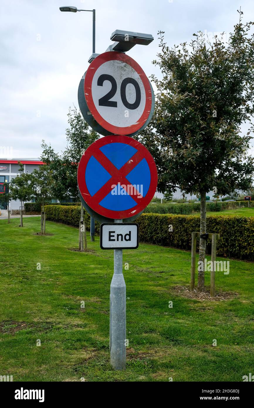 20 mph and no stopping signs outside Silverstone Circuit, Northamptonshire, UK Stock Photo
