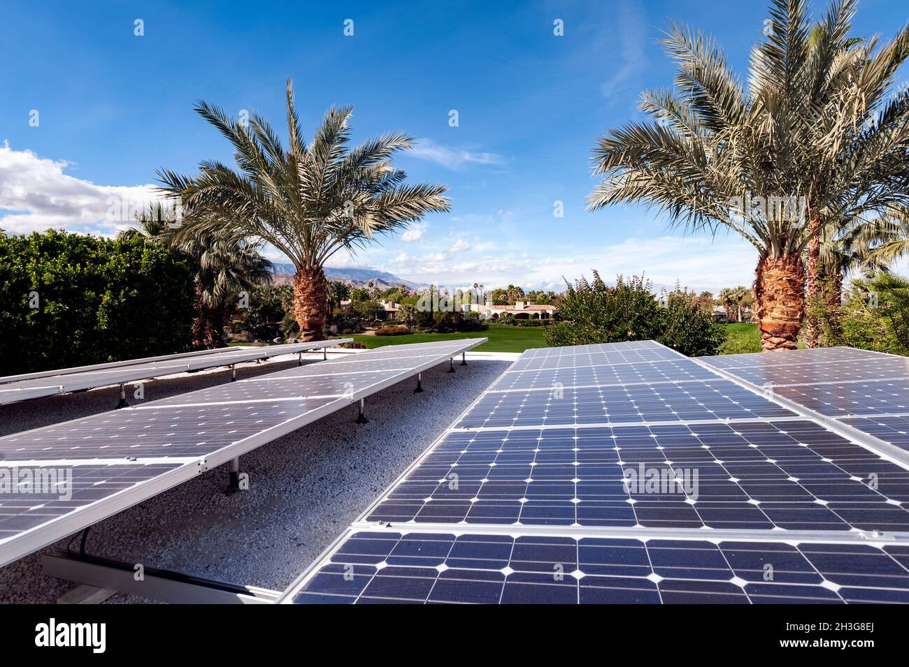 Electricity generating rooftop solar panels in Indian Wells, California Stock Photo