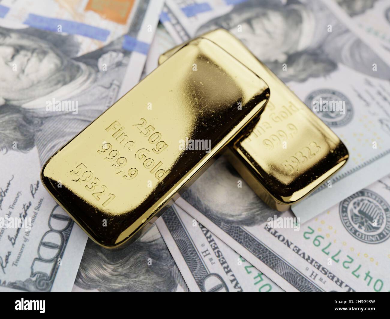 3D rendering of two 250g fine gold ingots placed on wads of 100 US dollars Stock Photo