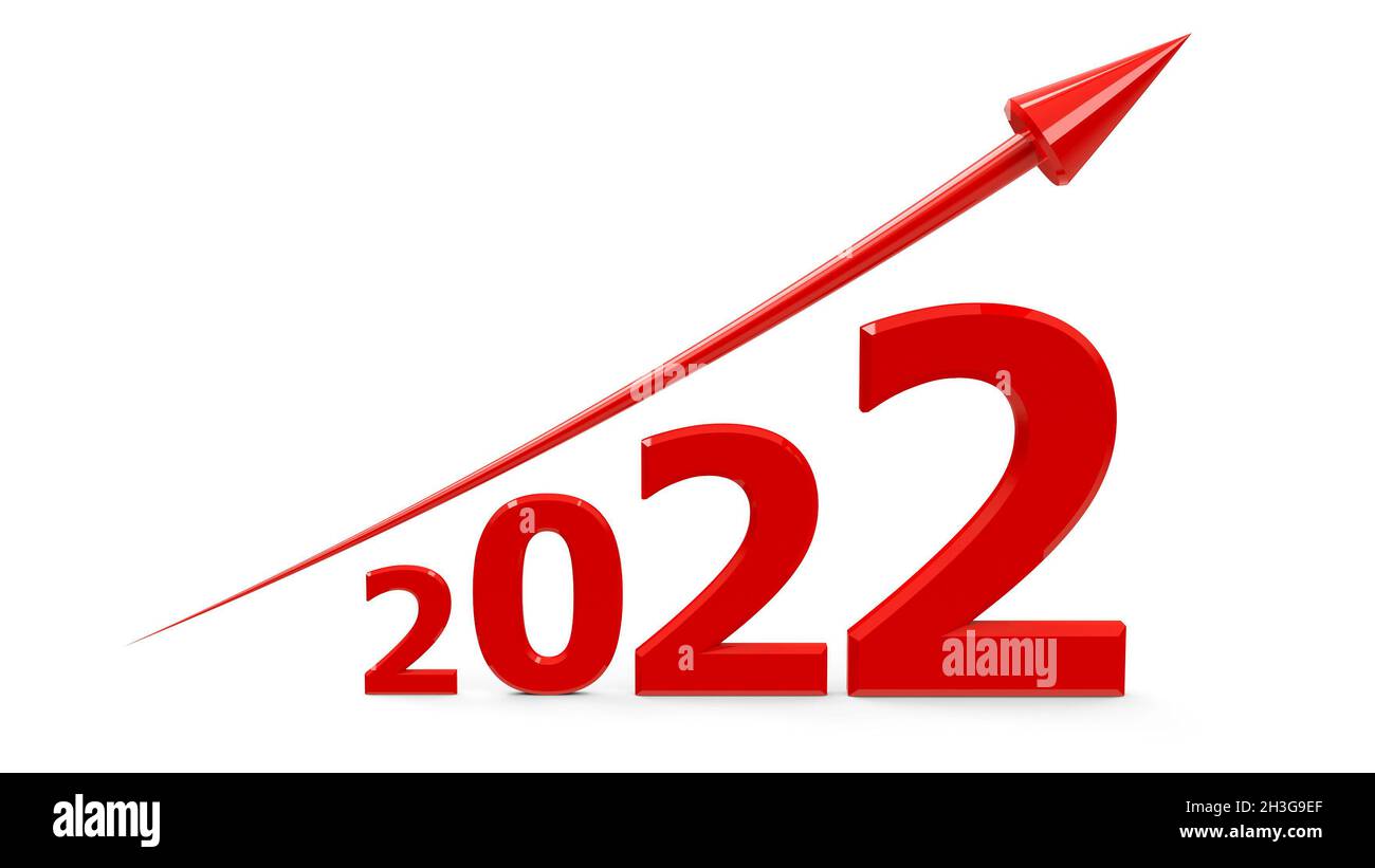 Red arrow up represents the growth in 2022 year, three-dimensional rendering, 3D illustration Stock Photo