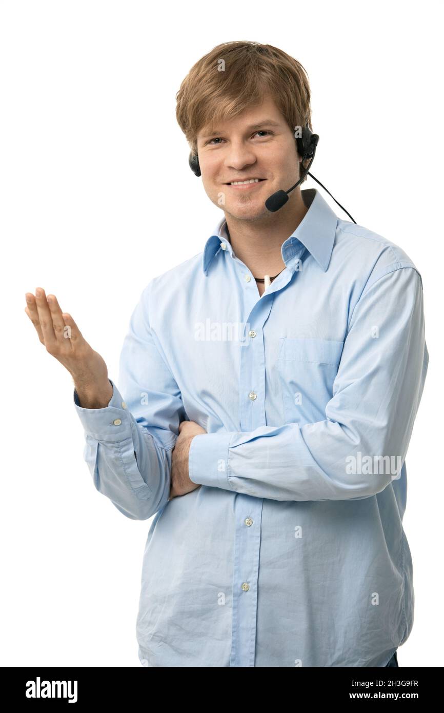 Casual man talking on headset Stock Photo - Alamy