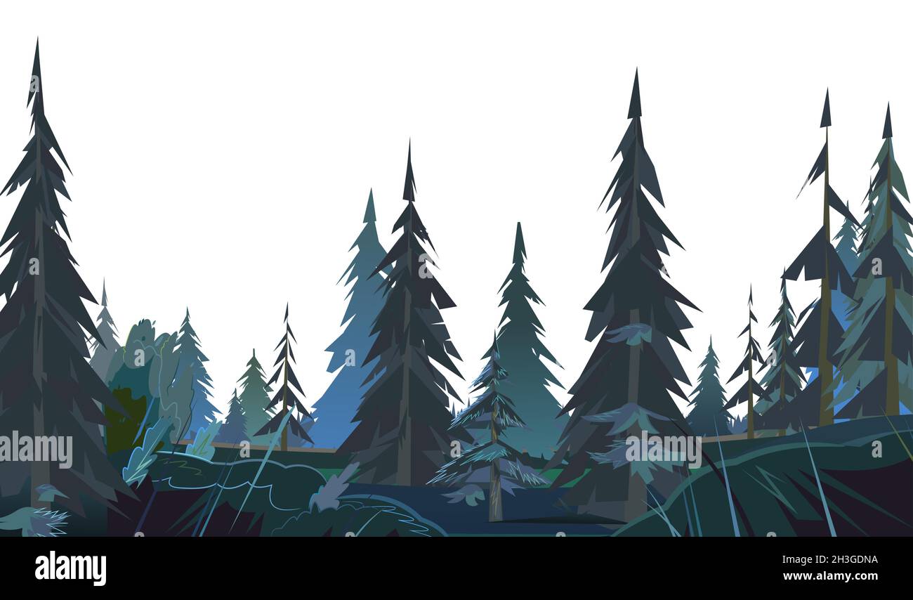 Night landscape with coniferous trees. Illustration in cartoon style flat design Isolated on white background. Vector Stock Vector